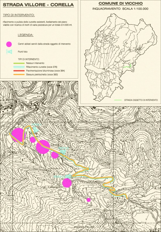 Cartografia per la richiesta di finanziamenti regionali per la manutenzione straordinaria di 9 strade comunali nel Comune di Vicchio (FI) - Villore-Corella
